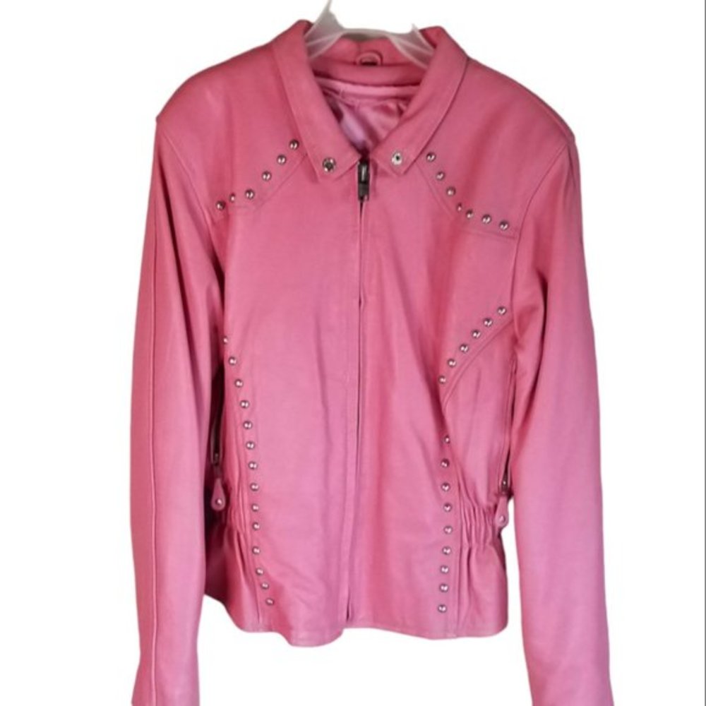Leather Biker Jacket pink with studs size small to med. Inside and outer pocket